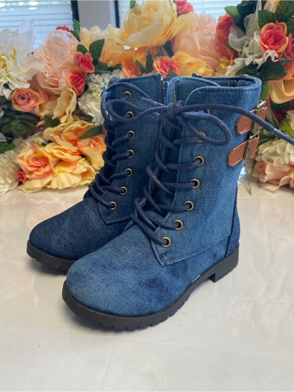 Toddler Denim Moto Lace-Up Boots Side Zip Buckle Blue Size 8